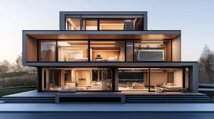 Fototapeta premium Modern two-story house with large glass windows, minimalistic design, wooden interiors, and contemporary furniture, set against a natural landscape at dusk.