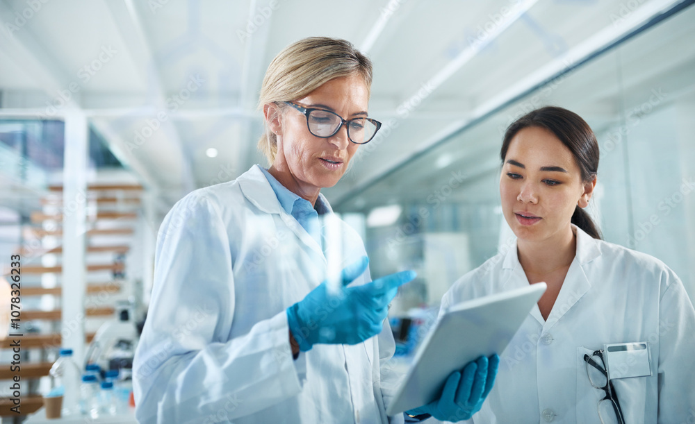 Aufkleber Women, scientist and discussion in lab with tablet, reading and review for experiment results at pharma company. People, mentor and feedback with solution, stats or medical research for mpox vaccine