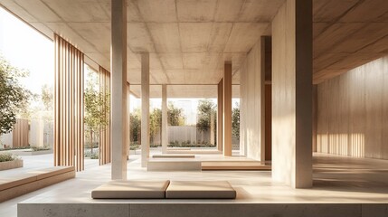 A minimalist concrete and wood building with an open courtyard, benches, and natural light.