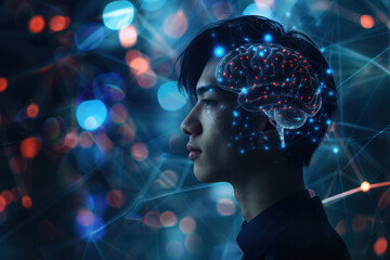 side view Portrait of young businessman with glowing polygonal brain
