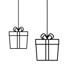 Vector illustration of hanging gift boxes line art on transparent background