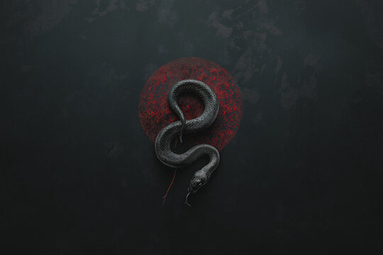 A black snake with red markings on it is on a black background. The snake is surrounded by a red circle. The image has a dark and ominous mood, with the snake being the main focus