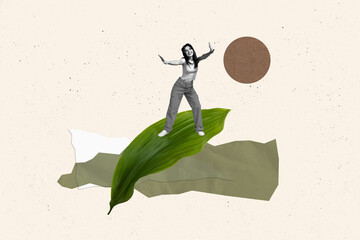 Creative photo collage young cheerful woman flora green plant leaf nature environment dancer...