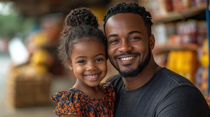 Happy father with his daughter volunteering at a community food bank event.
