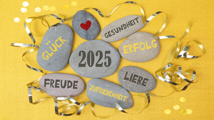 Gutes neues Jahr 2025 Neujahr, Silvester Party Grußkarte Postkarte mit deutschem Text - Steine mit...