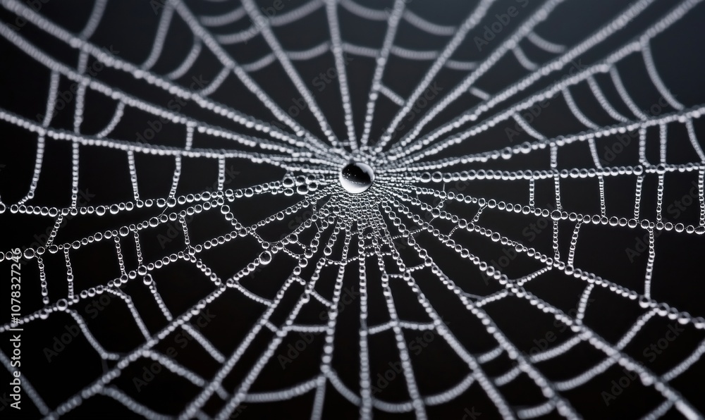 Poster spider web adorned with dew drops, intricate patterns, dark background