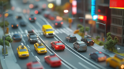 Miniature city traffic scene with various cars, including yellow taxis and red car, showcasing urban life. vibrant colors and blurred background create dynamic atmosphere