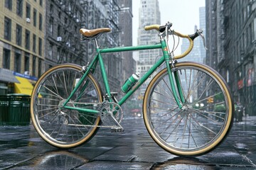 Fototapeta premium A green vintage road bike stands on a city street with tall buildings in the background.