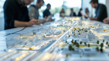 Urban planning professionals collaborate on detailed model of city, showcasing transportation systems and infrastructure. atmosphere is focused and innovative, highlighting teamwork and creativity