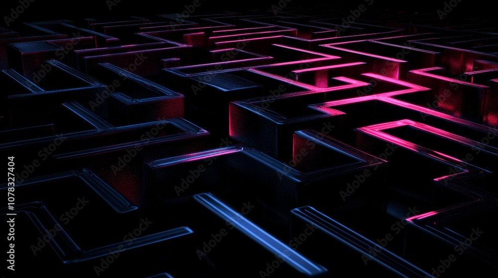 Poster navigating a metallic maze with a pink neon light guiding the way. creativity and innovation in a fu