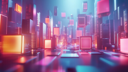 Modern Abstract Cityscape with Floating Neon Boxes and Vibrant Glow Effects