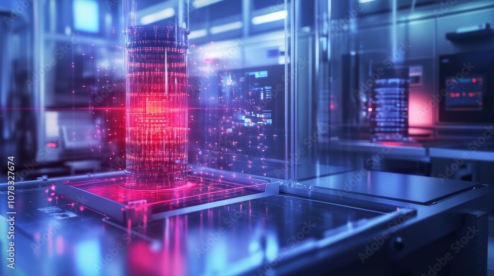 Poster quantum computer processing data emitting red light in futuristic laboratory setting with digital di
