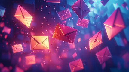 Futuristic Floating Envelopes Digital Artwork In Neon Pink And Blue Shades