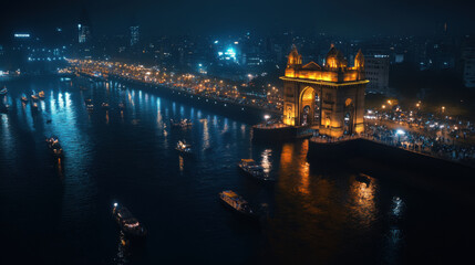 Fototapeta premium breathtaking view of Gateway of India illuminated at night, surrounded by boats and city lights reflecting on water. scene captures vibrant energy of Mumbai