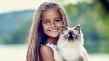 Cure little White girl smiling with her fluffy kitten in a softly glowing, dream-like scene that embodies the love, happiness, and tenderness between family and pets