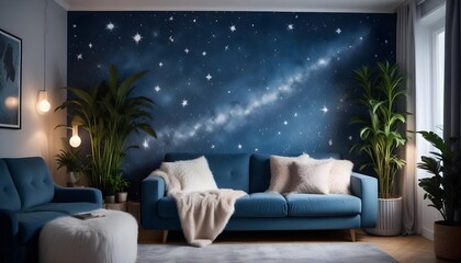 Obraz premium Scandinavian living room interior design zoom background,Doodle Galaxy patterned wallpaper graphics