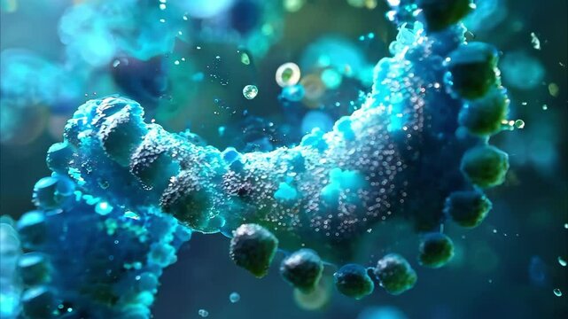 A close-up view of a DNA double helix structure surrounded by glowing particles, representing molecular biology and genetics.