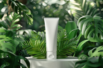 White cream tube Cosmetic packaging design with tropical plants background.