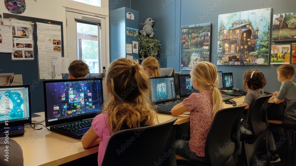 Poster elementary school students learning computer programming and developing videogames sitting in front 