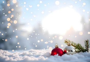 Festive Christmas Ornaments in Snow with Twinkling Lights