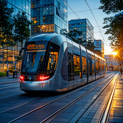 Modern tram in an urban setting during sunset