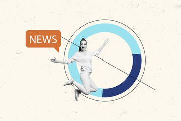 Creative collage image young woman jump news mass media information journalist statistics...