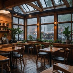 Generate a cozy café scene on a rainy day, with foggy windows, warm lights, and people enjoying coffee. Raindrops fall outside, and books and plants decorate the wooden interior