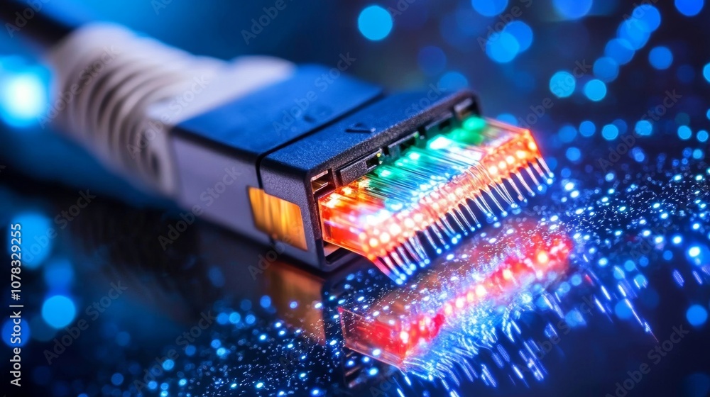 Poster network cable transmitting data with colorful lights reflecting on surface, representing modern tech