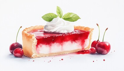 Delicious cherry pie slice with whipped cream and fresh cherries, perfect for dessert lovers and food photography.