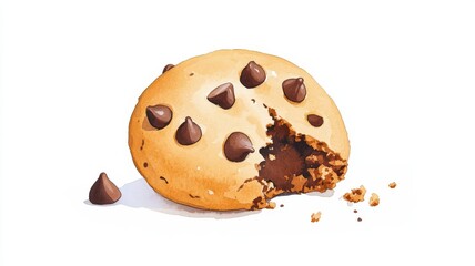 Fototapeta premium Delicious chocolate chip cookie with a bite taken out, showcasing gooey chocolate and a golden, crispy exterior.