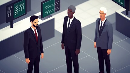 Fototapeta premium Three businesspeople in suits discuss strategies in a modern office environment, surrounded by digital screens and data displays.