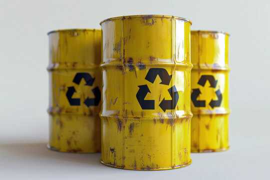 yellow radioactive waste barrels , isolated on a white background