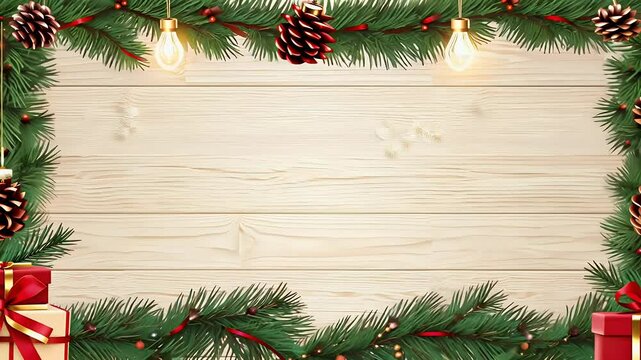 pine cones gifts red gold ribbons light wood table blinking lights space text logos festive backdrop adds warm holiday touch perfect social media content greeting cards seasonal promotions