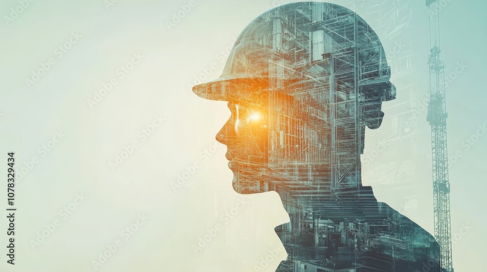 Poster double exposure image of architect wearing hardhat with building under construction and crane in bac