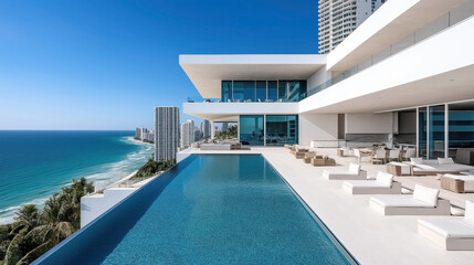 Fototapeta premium Luxury oceanfront penthouse with infinity pool and modern furniture overlooking high-rise buildings and coastline under clear blue sky.