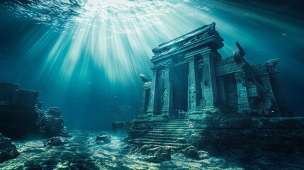 Fototapeta premium Sunken temple ruins lie deep underwater in the ocean, illuminated by beams of sunlight penetrating the surface, creating a mysterious and ethereal atmosphere