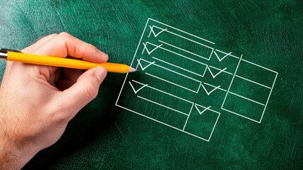 A hand holds a yellow pencil, marking checkboxes on a green chalkboard, symbolizing task completion and organization.