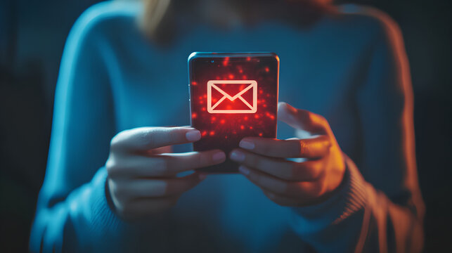 SMS spam, fake text message phishing from scammer concept. System hacked red warning alert, email hack, scam malware spreading virus on message alert virtual on mobile phone screen in person hand