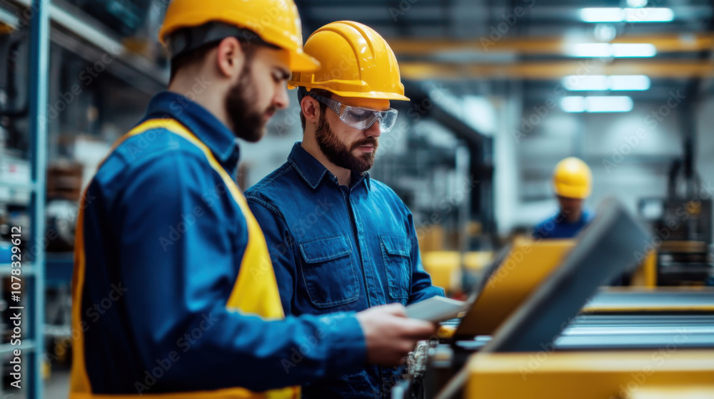 Poster two automation engineers in hard hats and safety glasses working on conveyor belt systems in factory