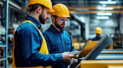 Two automation engineers in hard hats and safety glasses working on conveyor belt systems in factory setting, focused on improving efficiency and safety