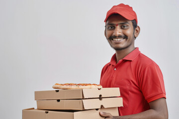Young smiling Indian Pizza delivery man holding pizza boxes Isolated on white background