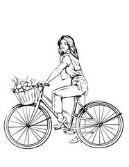 Black and white illustration of Young woman on the bicycle with flowers