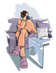 Young woman with laptop sitting on the chair. Freelance or studying