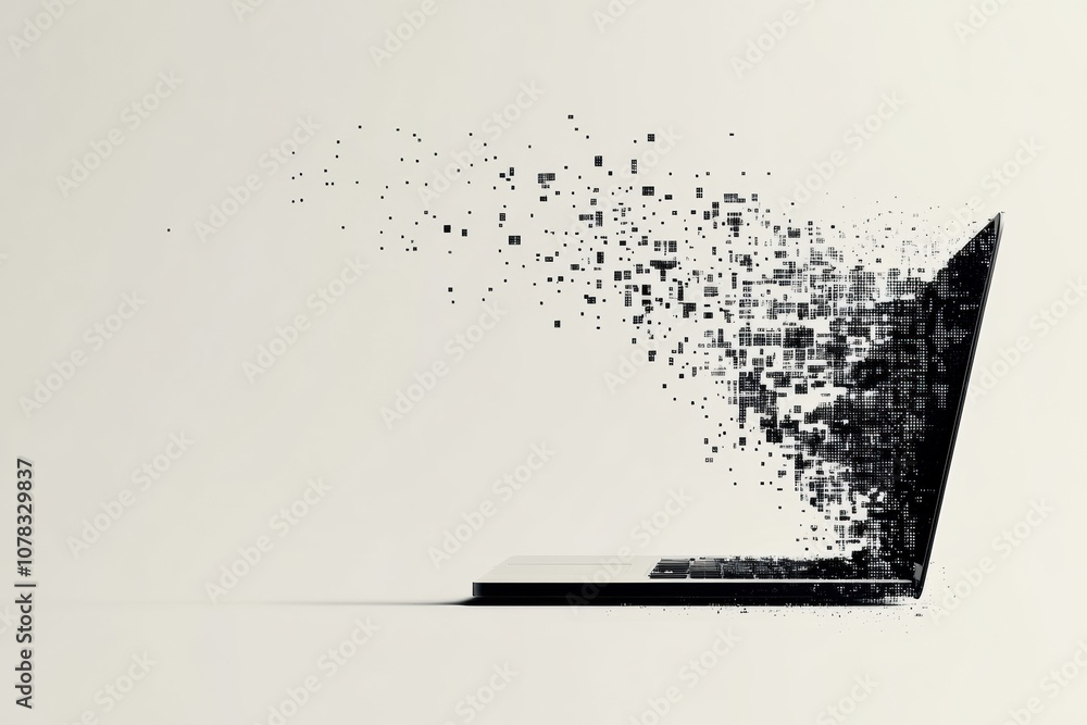 Poster the laptop displays a unique pixel effect, creating a visual representation of digital change in a s
