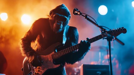 Obraz premium Gorilla musician skillfully playing electric guitar on a vibrant stage illuminated by orange and blue spotlights, creating a captivating and surreal musical performance