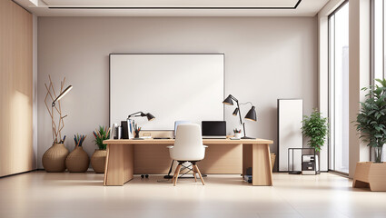 A light beige home office with a light wood desk, chair, and large blank framed art piece. Plants and lamps are visible.
