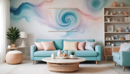 Scandinavian living room interior design zoom background,Doodle Galaxy patterned wallpaper graphics