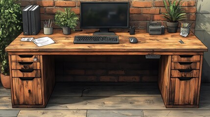 A wooden desk setup with a computer and plants for work.
