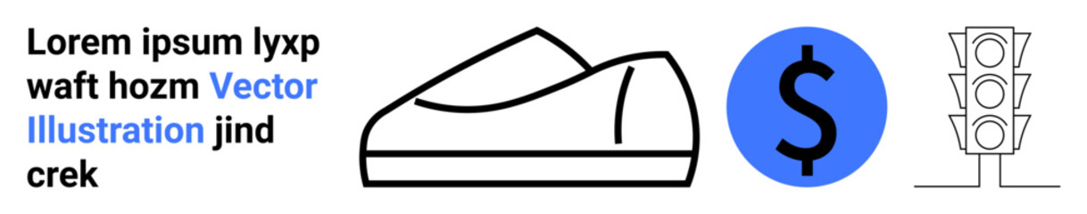 Naklejka premium Shoe outline, dollar sign in blue circle, traffic lights, and placeholder text elements. Ideal for e-commerce, fashion, finance, transportation, website mockups, infographics, and presentations