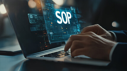 SOP, Standard operating procedure concept. Businessman use laptop with virtual SOP icons for the standard operating procedure with instruction, quality, process, operation, sequence, workflow
